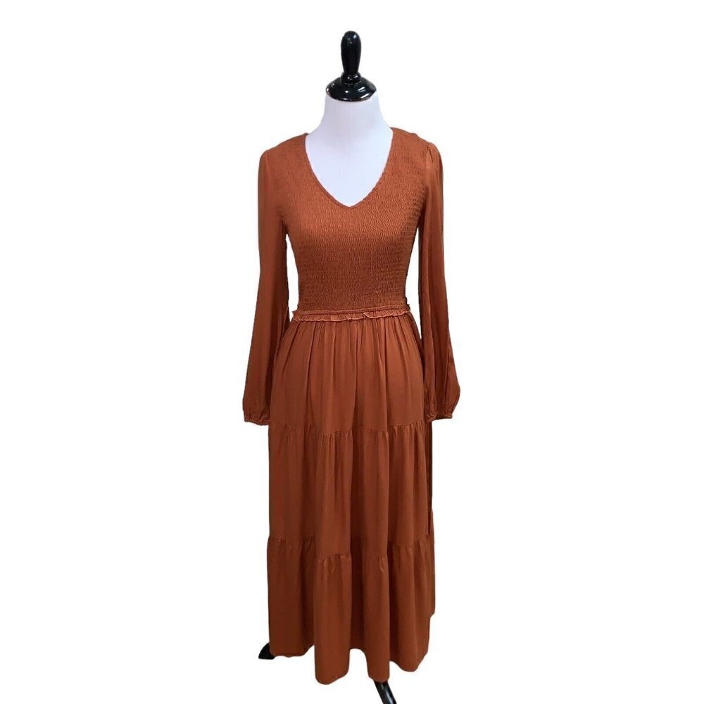 MEROKEETY Women's S Small Boho Midi Dress Long Sleeve V-Neck High Waist Tiered